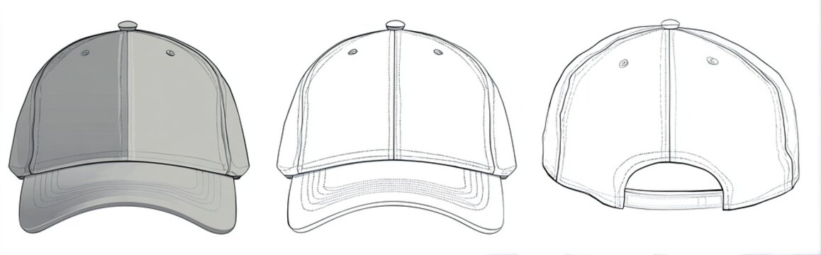 Baseball cap illustrations, front, side and back views. Gray and outline, details visible