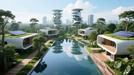 Fototapeta premium Futuristic sustainable village with green roofs, solar panels, and serene water canal