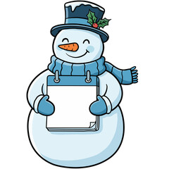 Snowman character with hat holding a blank sign.