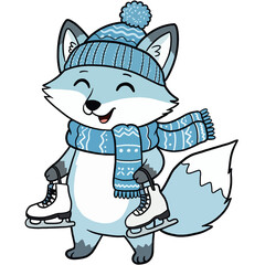 cute fox in winter oufit holding a pair of ice skater shoes