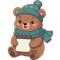 cartoon illustration of a bear holding a blank notepad