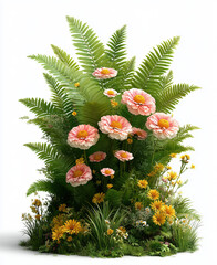 Lush Cluster of Green Ferns with Pink and Yellow Wildflowers Isolated on White, created with Generative AI Technology, ai, generative