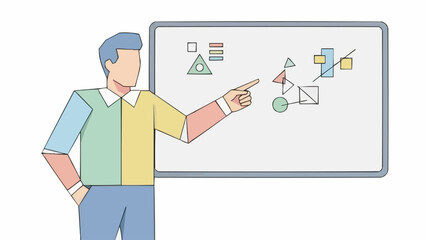 Man pointing at a whiteboard with geometric shapes and diagrams.