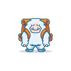 A friendly cartoon yeti character with a big orange backpack, smiling and ready for an adventure.