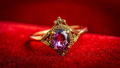 Diamond and red ruby engagement ring set in gold on a rich red fabric backdrop.