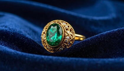 Oval emerald gemstone ring set in gold, resting on deeply draped blue velvet.