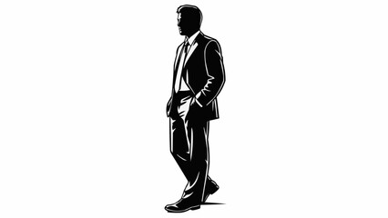 Silhouette of a businessman in a suit standing with hands in pockets.