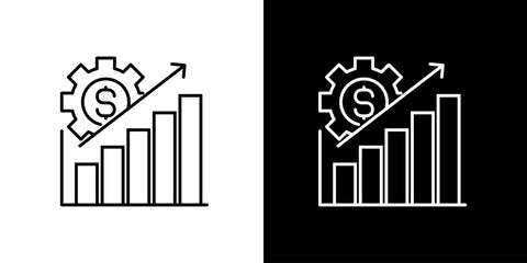 Obraz premium Clean vector icon illustration representing continuous financial growth and operational efficiency, showcasing upward trending bar graphs with a gear and dollar symbol