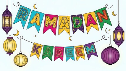 "Ramadan Kareem Colorful Bunting Flags with Lanterns - Festive Greeting Stock Illustration"