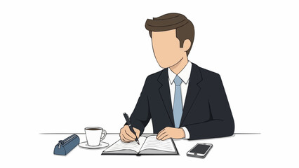 Man in Suit Writing in Notebook at Desk.