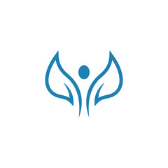 Obraz premium A minimalist blue logo depicting a stylized human figure with outstretched arms flanked by two leaf-like wings, symbolizing nature, freedom, and well-being.