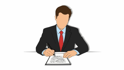 Man in Suit Signing Document at Desk.