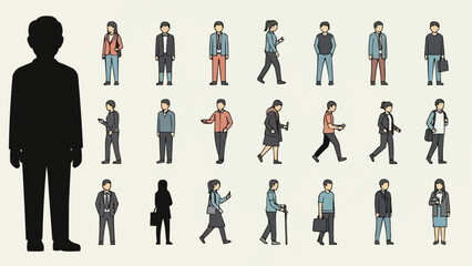 Collection of Diverse People Silhouettes and Illustrations in Various Poses.
