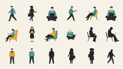 Diverse group of people in various poses and activities.