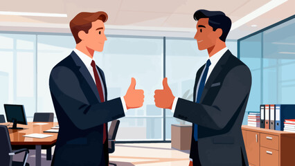 This illustration shows two business professionals exchanging a thumbs-up and smiling in an office, symbolizing workplace approval, positive collaboration, and shared professional success.