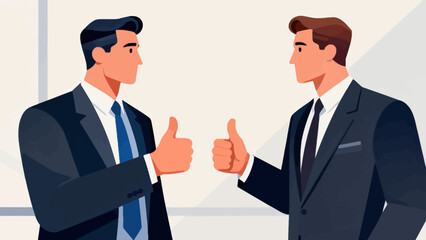 This illustration shows two business professionals exchanging a thumbs-up and smiling in an office, symbolizing workplace approval, positive collaboration, and shared professional success.