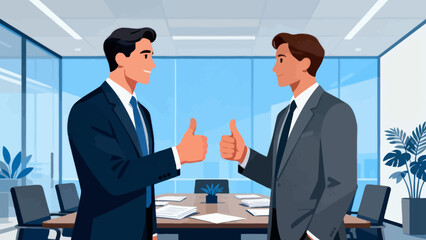 This illustration shows two business professionals exchanging a thumbs-up and smiling in an office, symbolizing workplace approval, positive collaboration, and shared professional success.