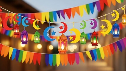 Colorful Ramadan Garland with Crescent Moons and Lanterns - Festive Bunting Decoration Stock Illustration
