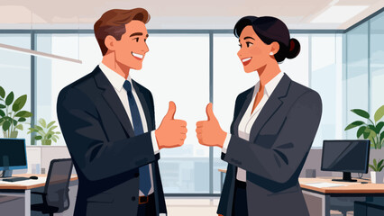 This illustration shows two business professionals exchanging a thumbs-up and smiling in an office, symbolizing workplace approval, positive collaboration, and shared professional success.