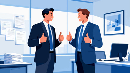 This illustration shows two business professionals exchanging a thumbs-up and smiling in an office, symbolizing workplace approval, positive collaboration, and shared professional success.