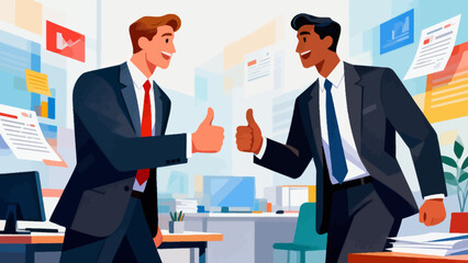 This illustration shows two business professionals exchanging a thumbs-up and smiling in an office, symbolizing workplace approval, positive collaboration, and shared professional success.