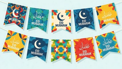 "Eid Mubarak Colorful Bunting Flags - Geometric Pattern Festive Garland Stock Illustration"