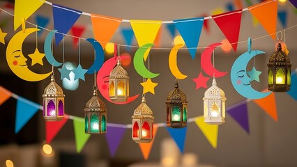 Colorful Ramadan Garland with Hanging Lanterns and Crescent Moons