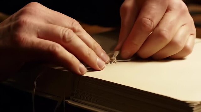 Artisan hands sewing book pages with thread in a cinematic macro shot, illustrating traditional bookbinding craftsmanship and restoration concepts.