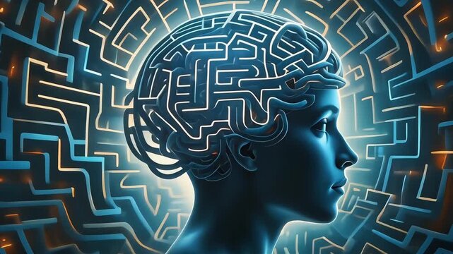 A human head shaped by glowing labyrinth pathways symbolizing overthinking, cognitive overload, anxiety, mental navigation, emotional complexity. Ideal for psychology and mental health storytelling.