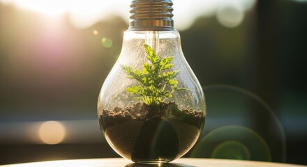A light bulb with a plant inside, emitting a warm glow against a blurred background.