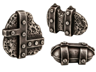 Set of rustic forged metal decorative hardware with rough texture on a transparent background