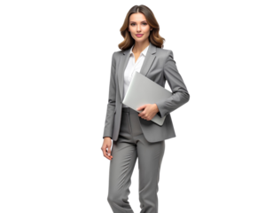 A poised professional woman standing tall with a closed laptop held securely at her side, confident expression, clean corporate attire, full-body portrait isolated on a transparent background.