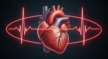 A human heart with a red and blue color scheme, surrounded by a glowing red heartbeat graphic.
