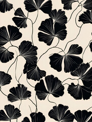 Fototapeta premium Ginkgo Leaves Pattern: An elegant and artistic pattern features black ginkgo leaves with delicate lines on a cream background.