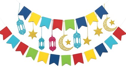 "Eid Mubarak Festive Garland with Colorful Bunting Flags, Lanterns and Crescent Moons - Celebration Stock Illustration"