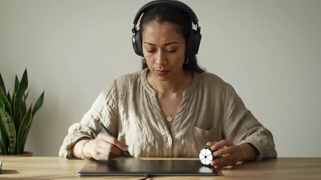 Focused female designer sketching on a digital tablet with a stylus while holding a metal fidget spinner for concentration, illustrating creative workflow concepts.