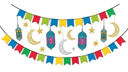 "Eid Mubarak Festive Garland with Colorful Lanterns, Crescent Moons and Stars - Celebration Stock Illustration"