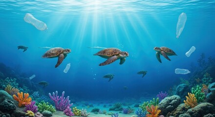 Naklejka premium A group of sea turtles swimming in an underwater coral reef with plastic bottles floating in the water.