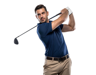 Male Golfer in Full Swing Follow-Through Pose, Focused Expression, Transparent Background.