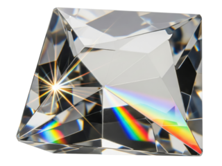 Faceted glass crystal prism dispersing light into rainbow colors on a transparent background