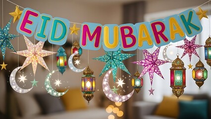 "Eid Mubarak Festive Garland with Colorful Stars, Crescent Moons and Lanterns - Celebration Stock Illustration"