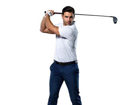 Male Golfer in Full Swing Follow-Through Pose, Focused Expression, Transparent Background.