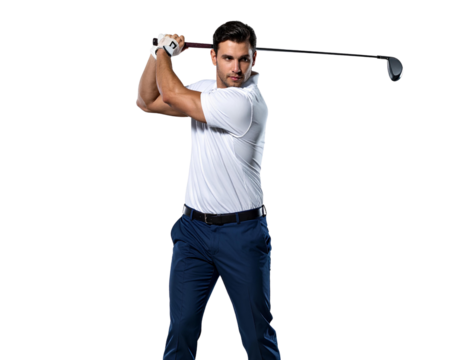 Male Golfer in Full Swing Follow-Through Pose, Focused Expression, Transparent Background. - Powered by Adobe