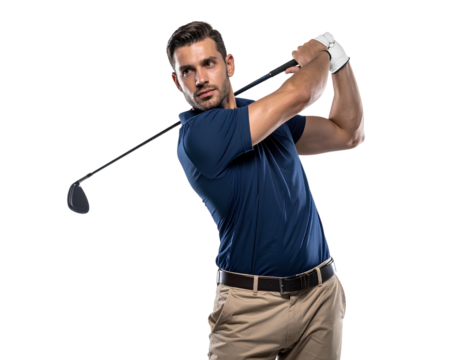 Male Golfer in Full Swing Follow-Through Pose, Focused Expression, Transparent Background. - Powered by Adobe