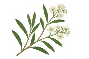 Branch of small white botanical illustration flowers and green leaves vintage drawing style isolated on transparent background