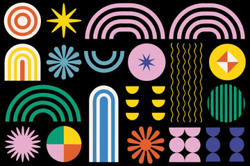 Retro abstract geometric shapes and elements on black background