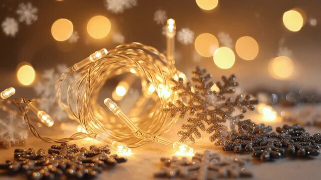 A Coiled String of Glowing Christmas Lights with Silver Snowflakes