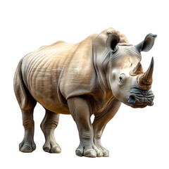 Fototapeta premium A majestic rhinoceros stands proudly in a natural habitat. its impressive horn and textured skin. with lush greenery and a clear blue sky in the background. ideal for wildlife conservation themes