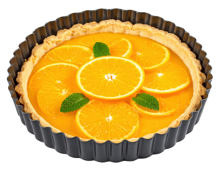 Vibrant Orange Tart with Mint Garnish in Fluted Pan, Eye-Level View