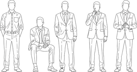 Business men line art poses, professional male characters in suits, standing sitting gestures, outline illustration set, corporate lifestyle, design, vector